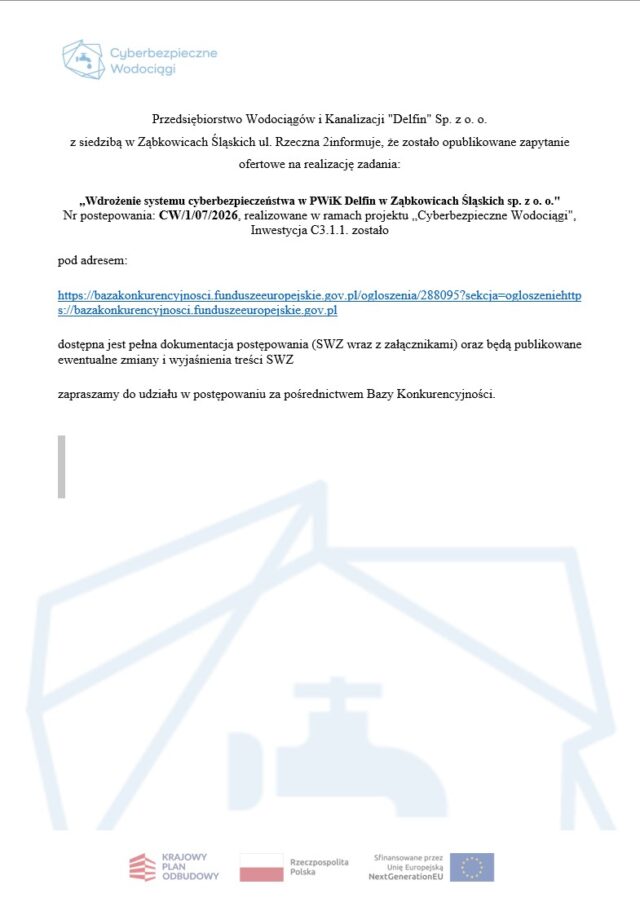 Informacje o projekcie "Wdrożenie systemu cyberbezpieczeństwa w PWiK Delfin w Ząbkowicach Śląskich sp. z o.o.